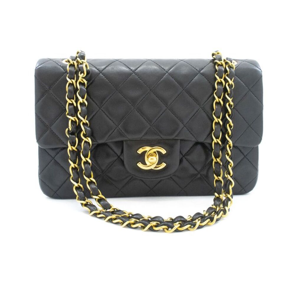 Chanel Vintage Classic Double Flap Quilted Lambskin Black Leather Shoulder Bag